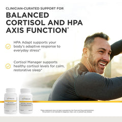 Integrative Therapeutics primer plano de tabletas de Cortisol Manager que sugiere textura y facilidad de uso