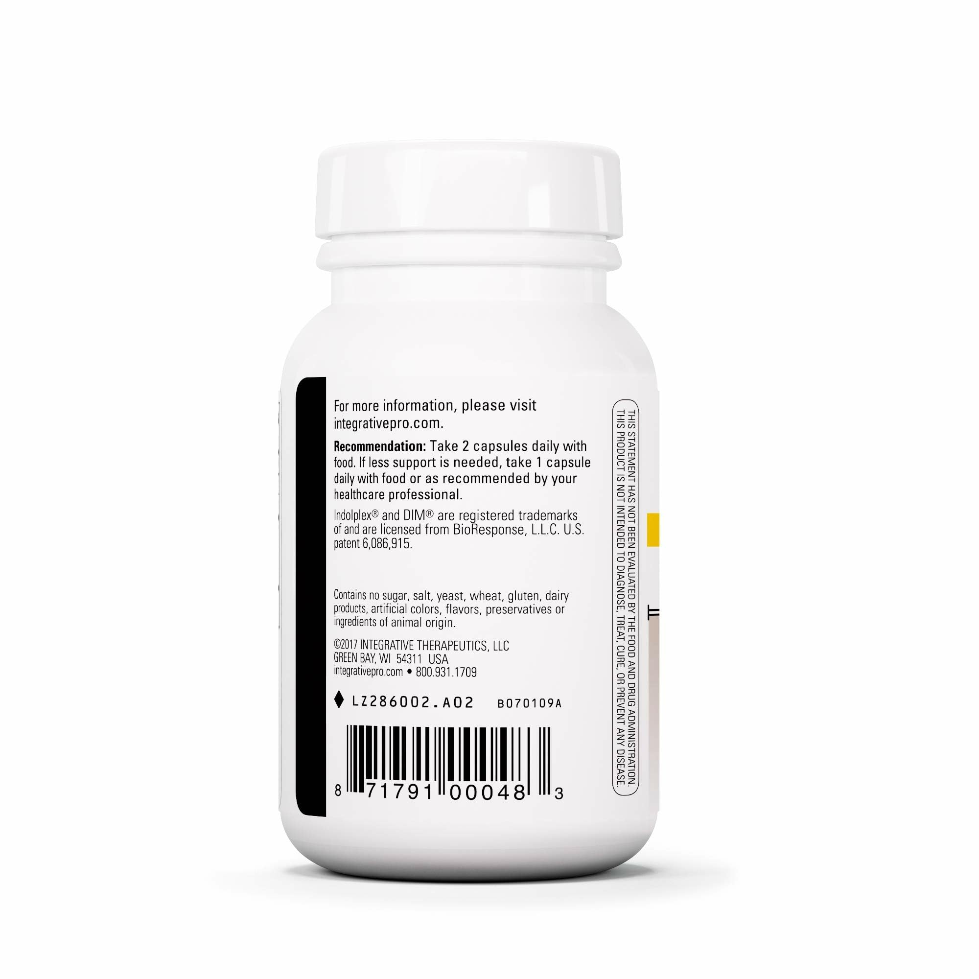 Integrative Therapeutics Indolplex etiqueta con información nutricional clara, garantiza transparencia