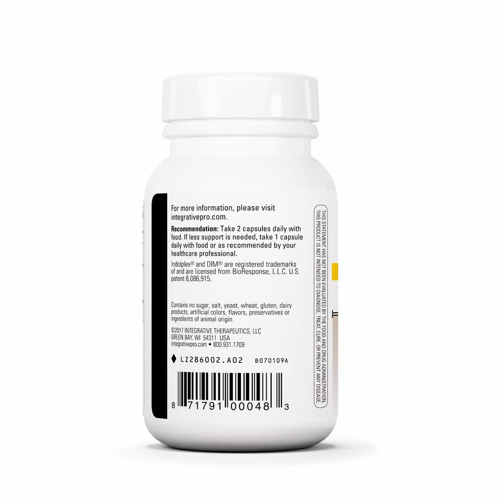 Integrative Therapeutics Indolplex etiqueta con información nutricional clara, garantiza transparencia