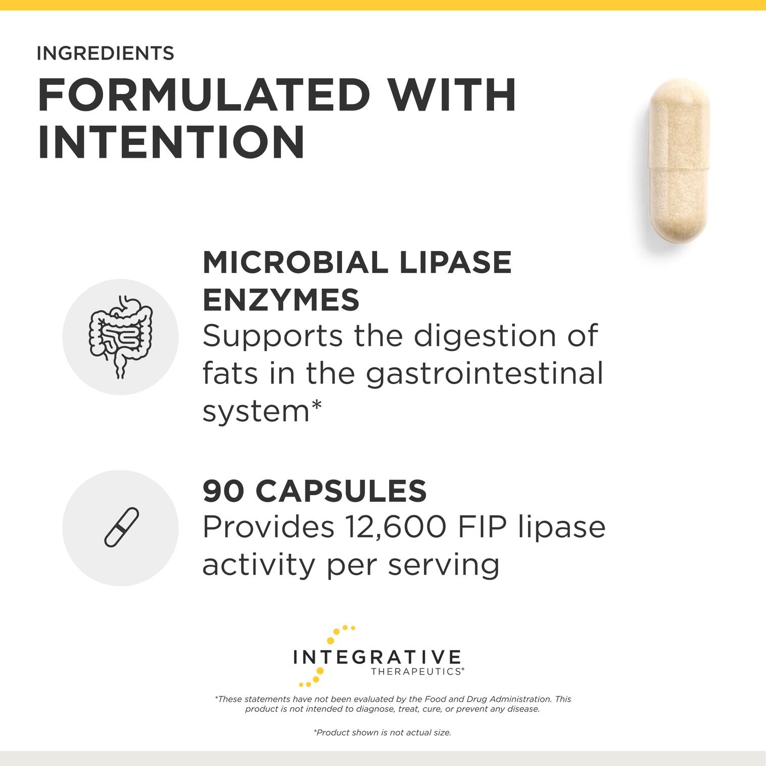 Integrative Therapeutics suplemento en uso con comida alta en grasas para apoyo digestivo