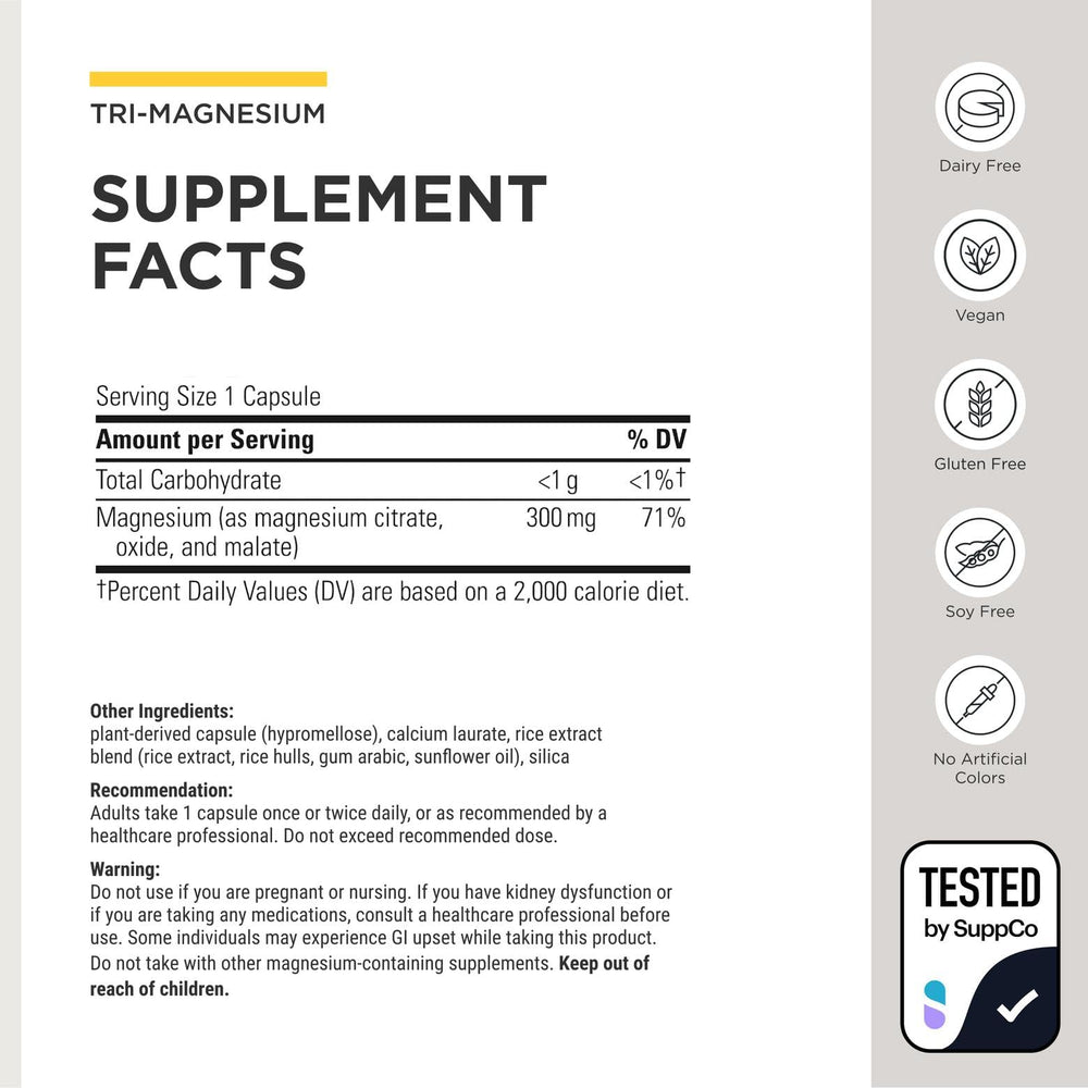 Integrative Therapeutics Tri-Magnesium textura de polvo ilustrando pureza y formulación