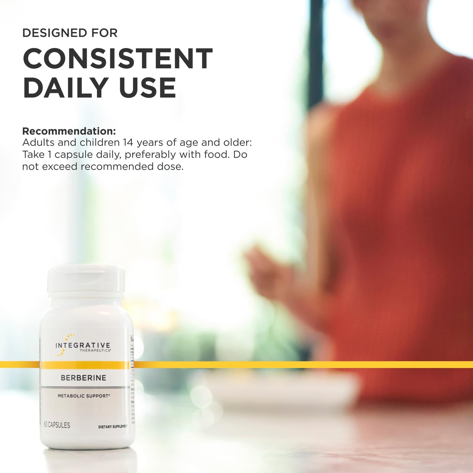 Integrative Therapeutics cápsulas al lado de desayuno saludable, beneficio integración rutina