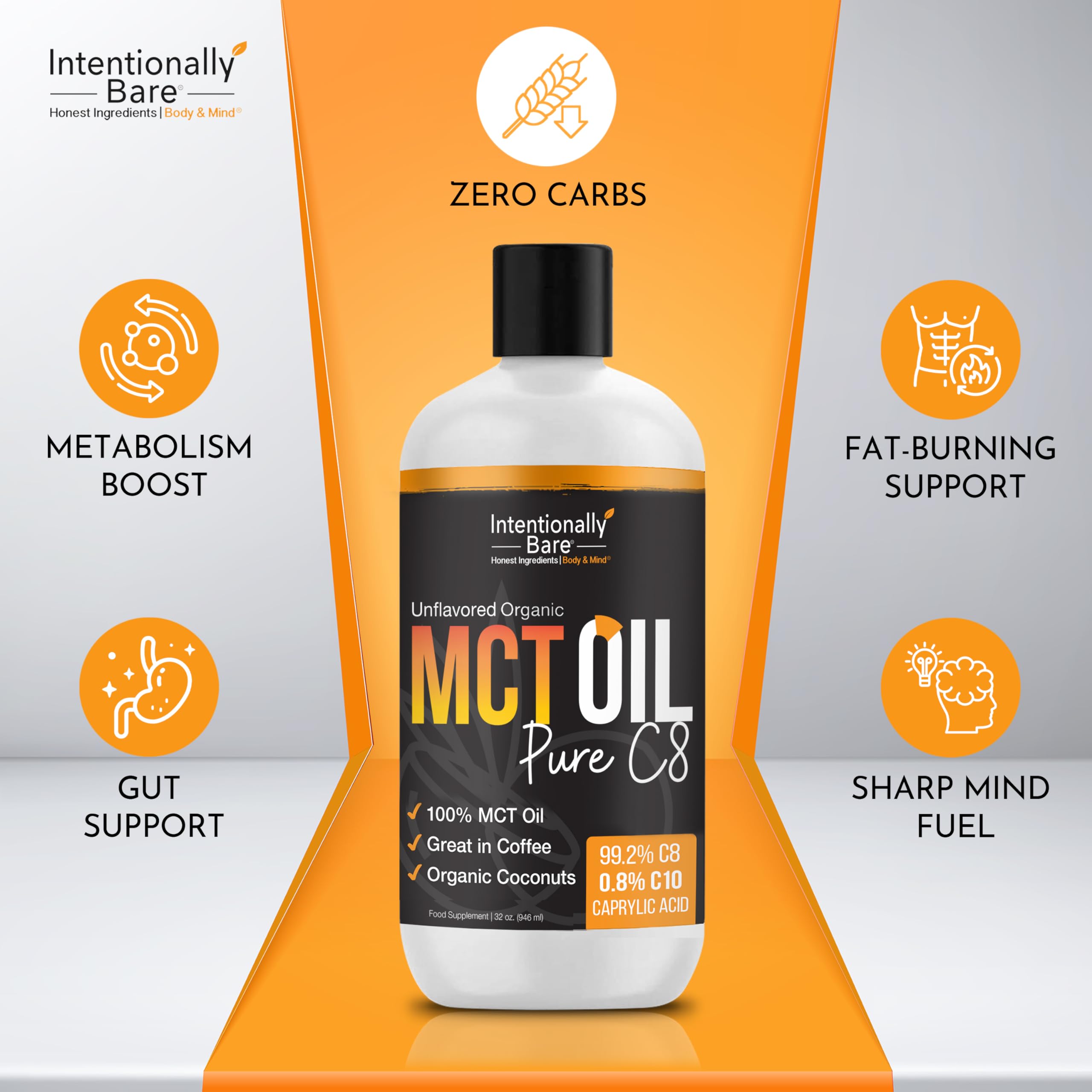 Intentionally Bare aderezo con aceite MCT C8 en ensalada para versatilidad culinaria