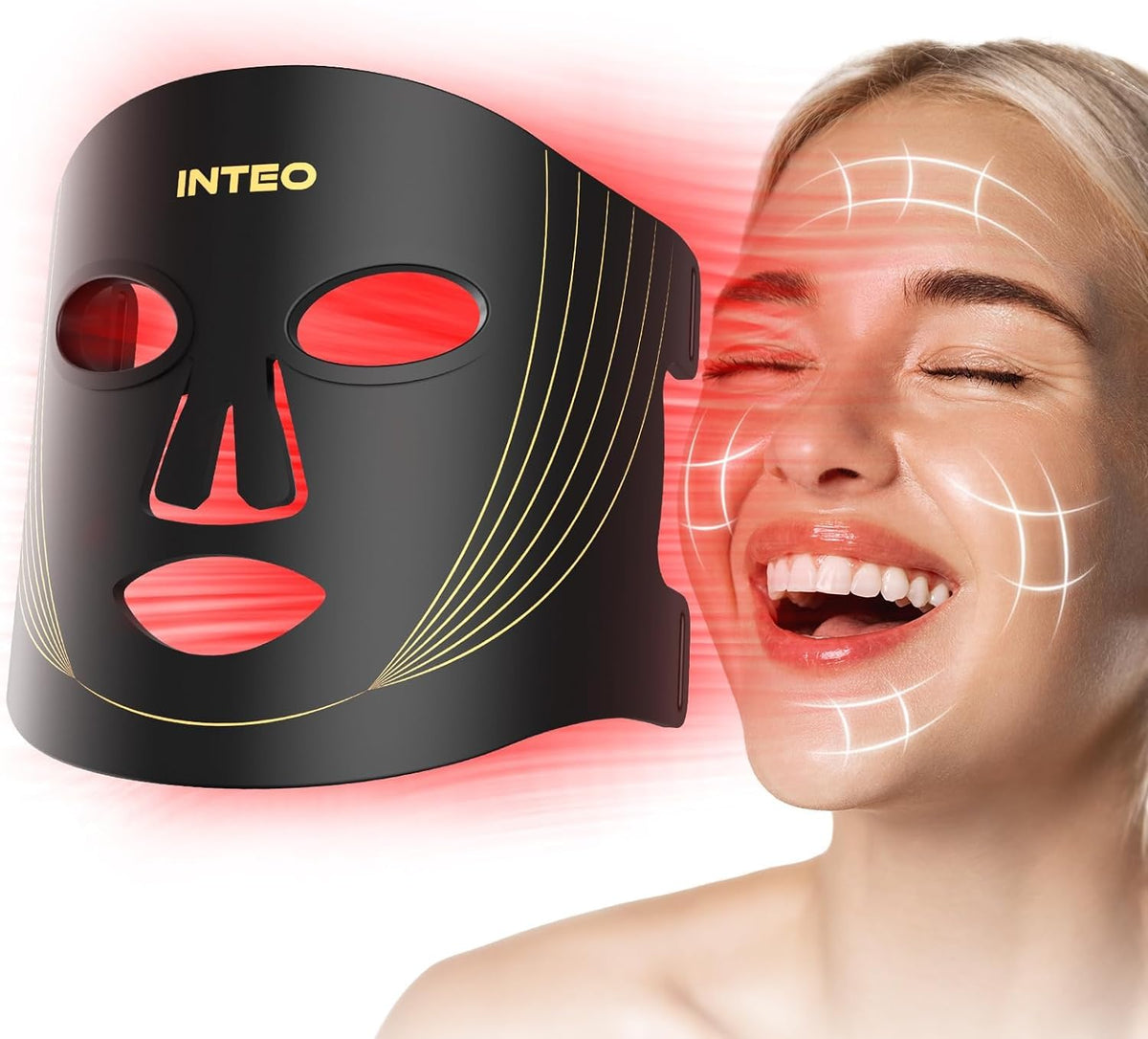 INTEO máscara LED frontal mostrando cobertura facial completa y comodidad