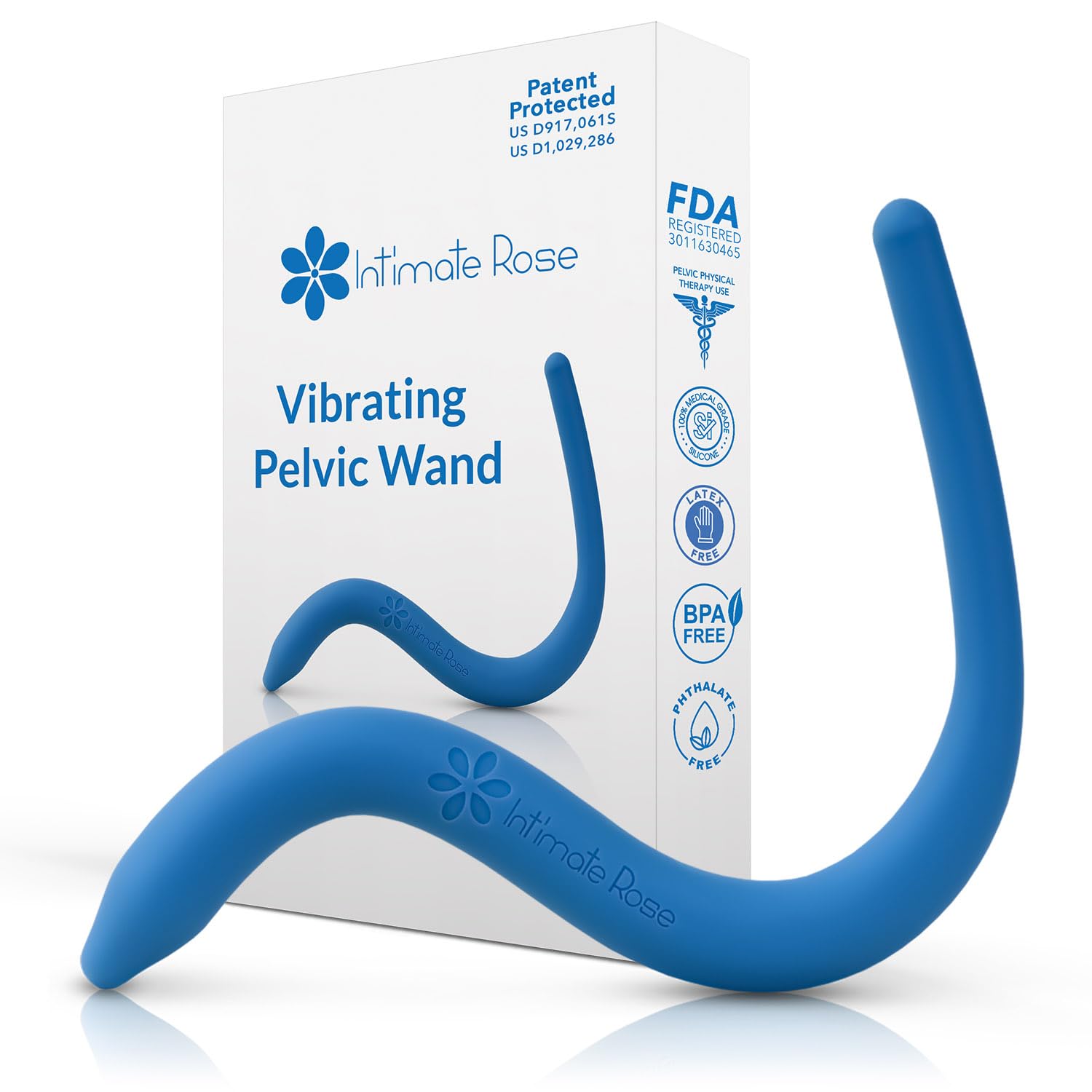Intimate Rose vista frontal del dispositivo y empaque, diseño ergonómico beneficioso