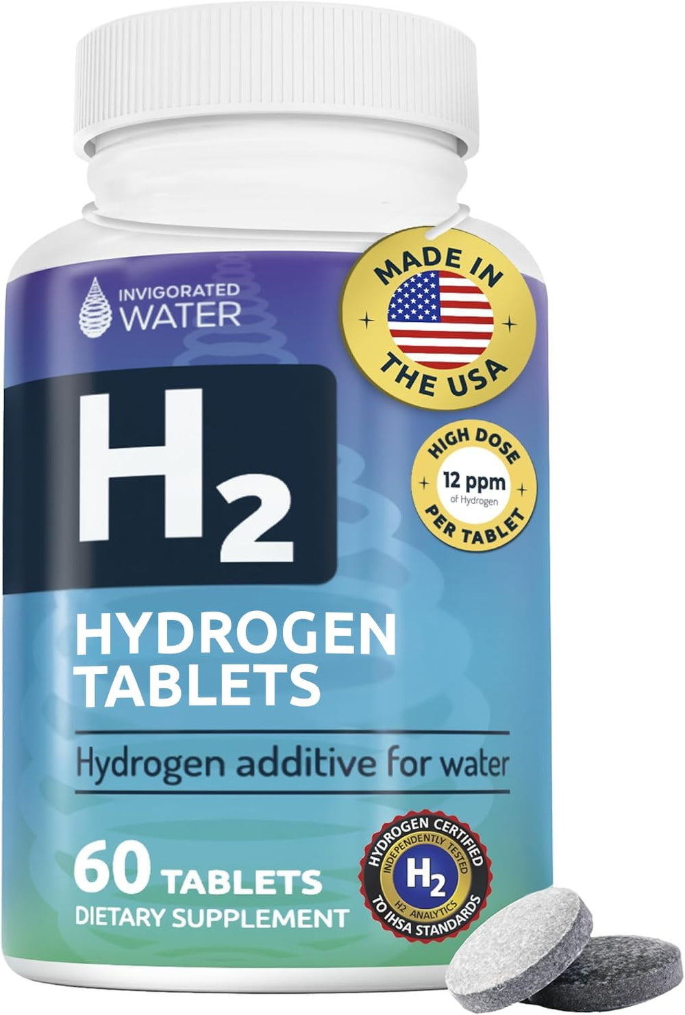 Invigorated Water envase frontal mostrando 60 tabletas y conveniencia