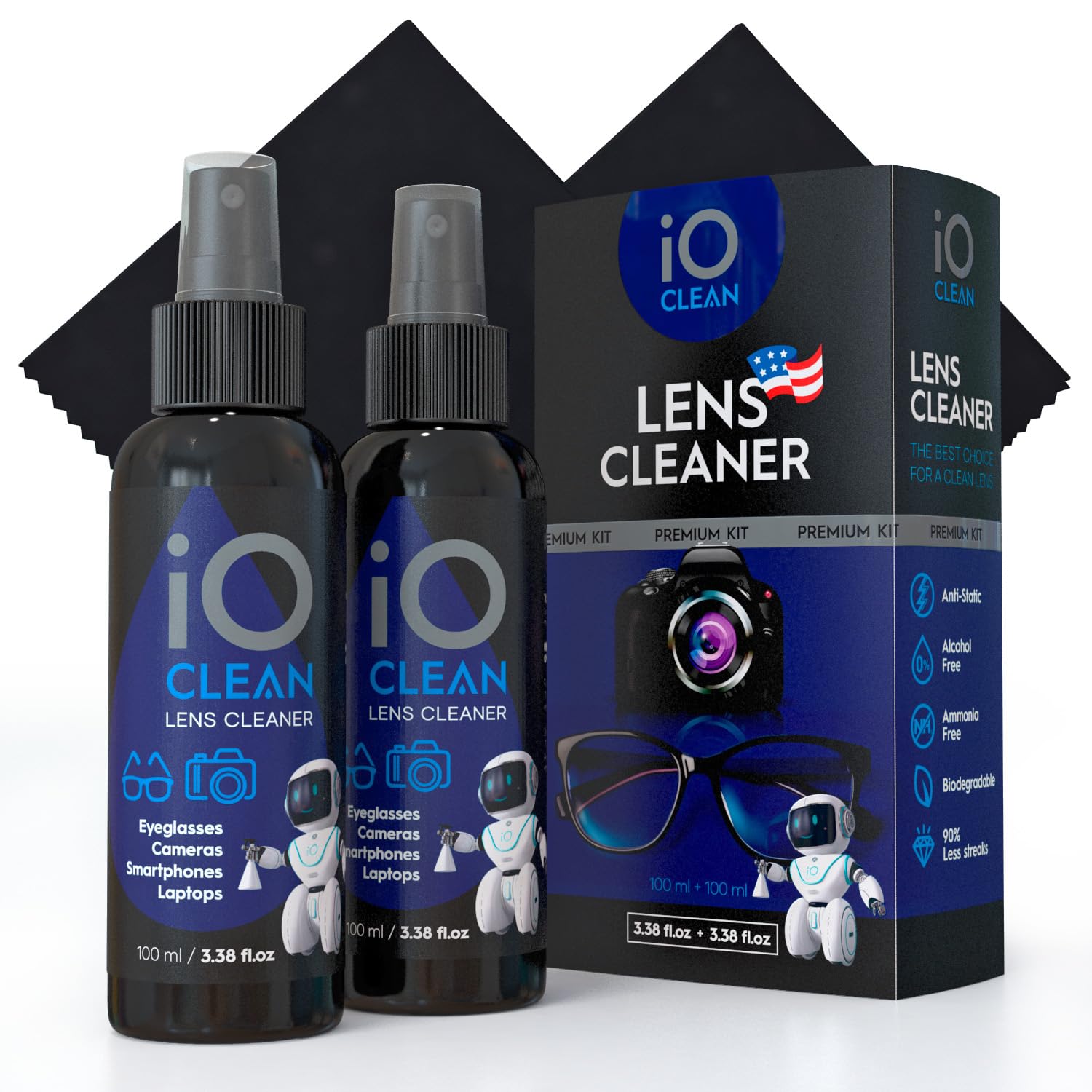iO CLEAN frascos frontales mostrando dos envases y dos paños, limpieza práctica