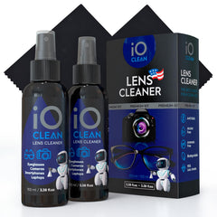 iO CLEAN frascos frontales mostrando dos envases y dos paños, limpieza práctica