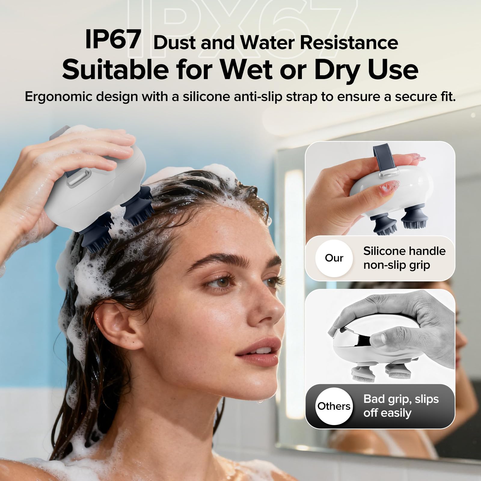 IOOKNA en uso sobre cabello mojado para limpieza y masaje cómodo