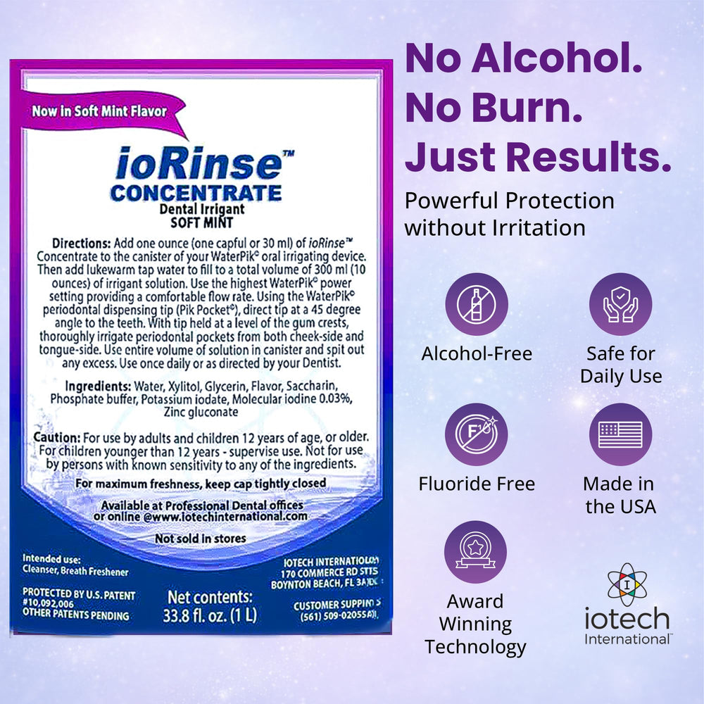 Iotech ioRinse closeup en boca demostrando sensación de frescura prolongada
