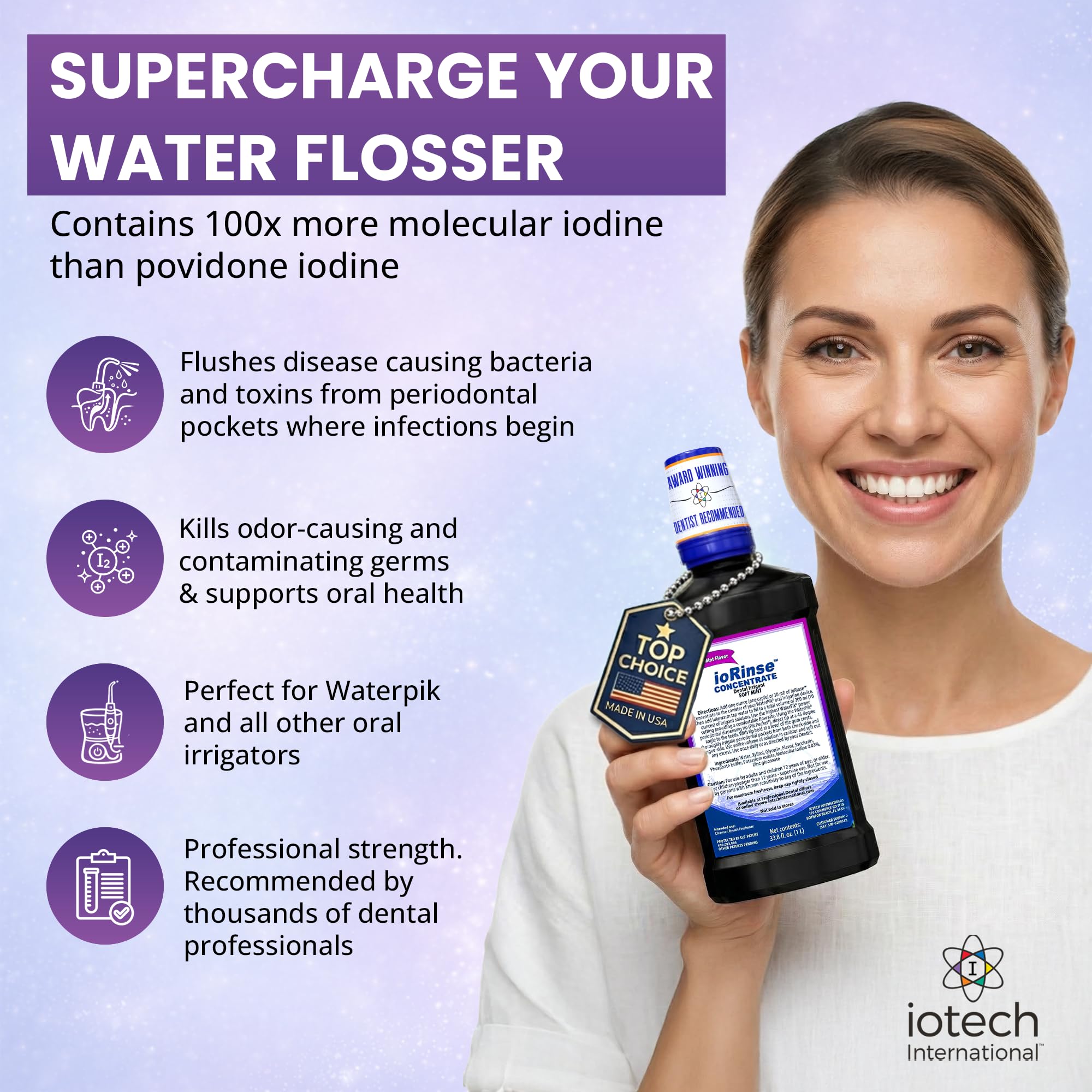 Iotech ioRinse diluyéndose en agua para irrigador, limpieza eficaz visual