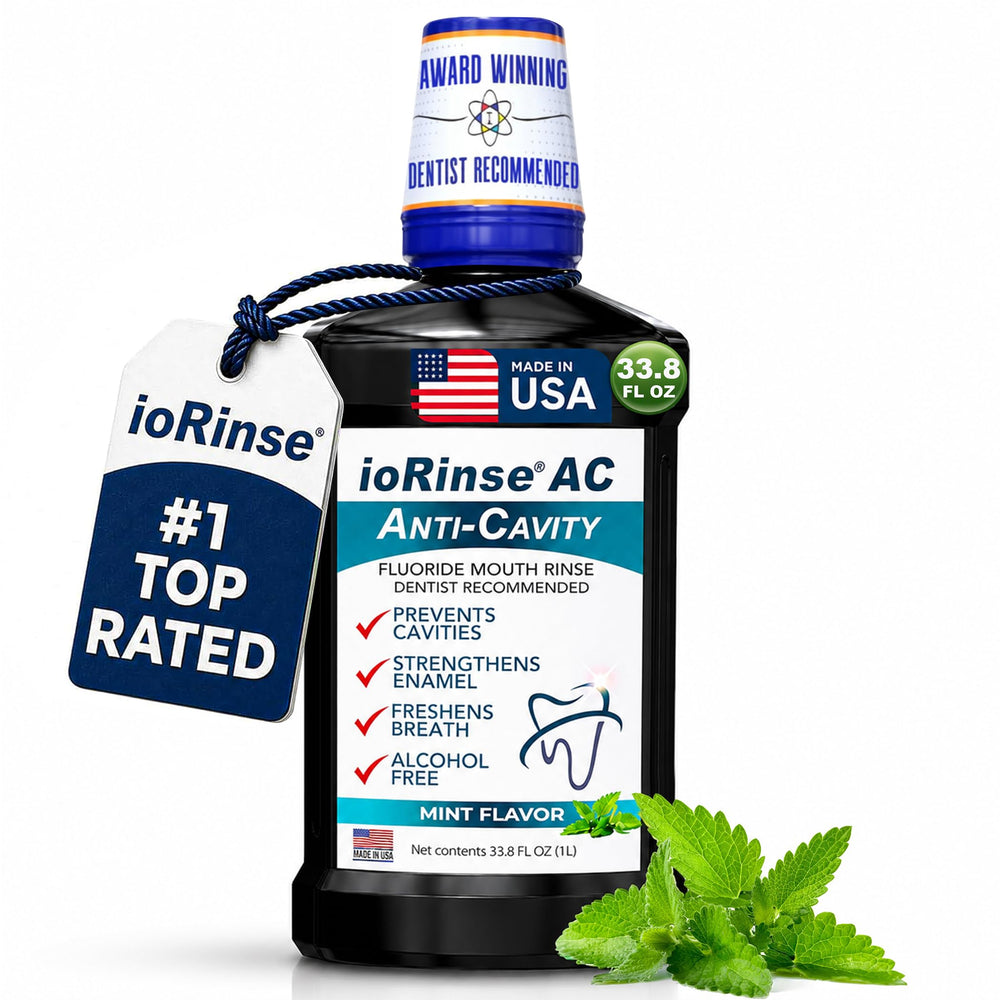 ioTech ioRinse AC frente del envase mostrando tamaño y etiqueta, benefit: claridad de producto