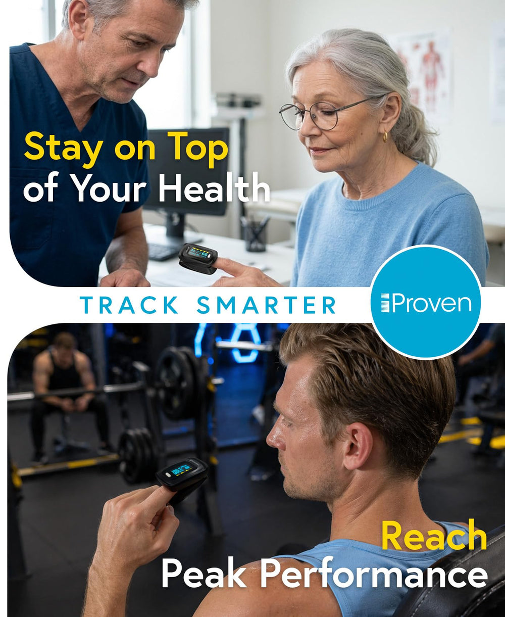 Persona usando iProven OXI-27 tras caminata, permite controles inmediatos de bienestar