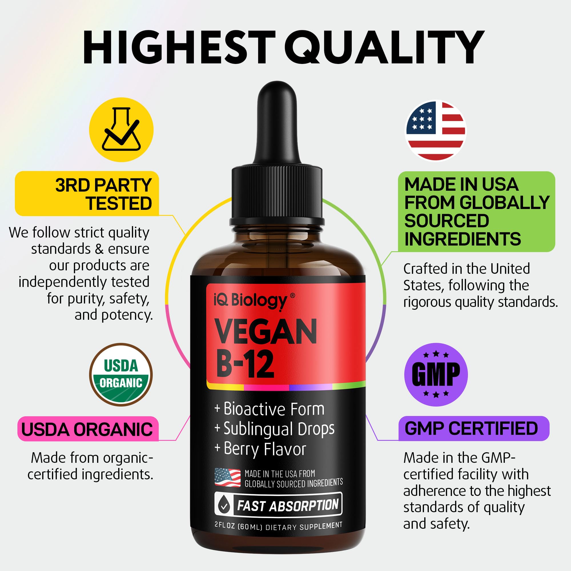 IQ BIOLOGY junto a una cinta métrica demostrando el tamaño compacto del frasco de 2 oz para llevar