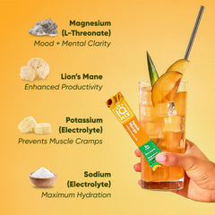 IQBAR IQMIX bebida servida en vaso, sabor Peach Mango y refresco instantáneo