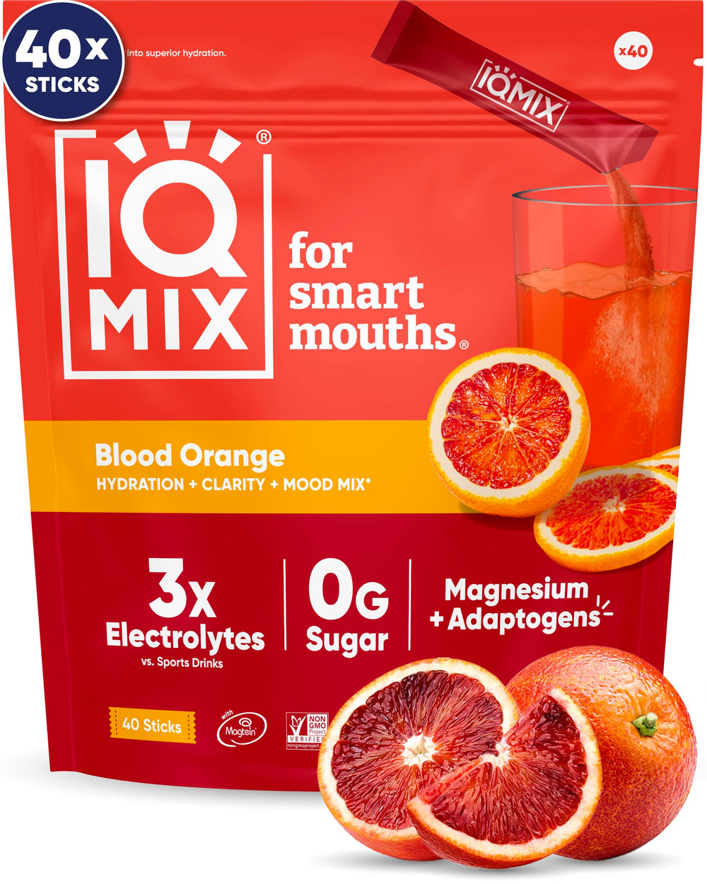 IQBAR empaque frontal IQMIX Blood Orange mostrando 40 sobres para hidratación rápida
