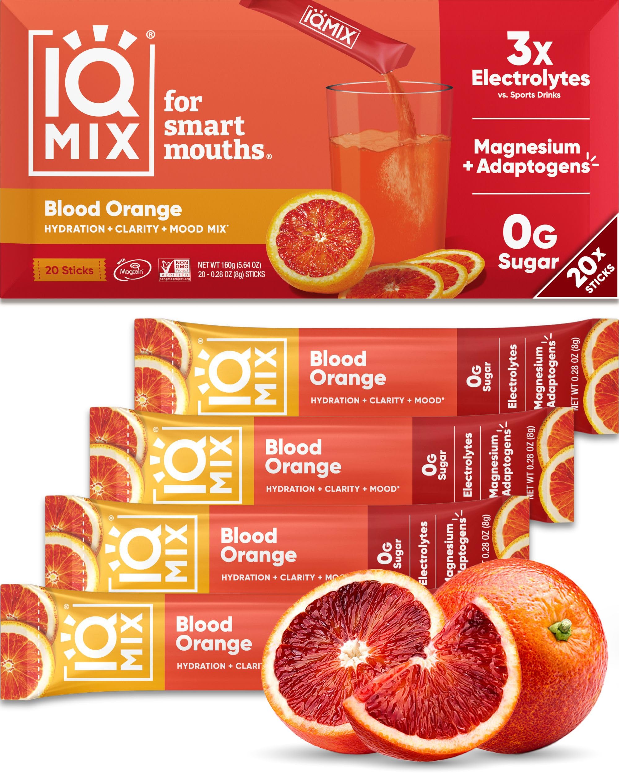 IQBAR IQMIX frontal del empaque mostrando sabor Blood Orange y beneficios