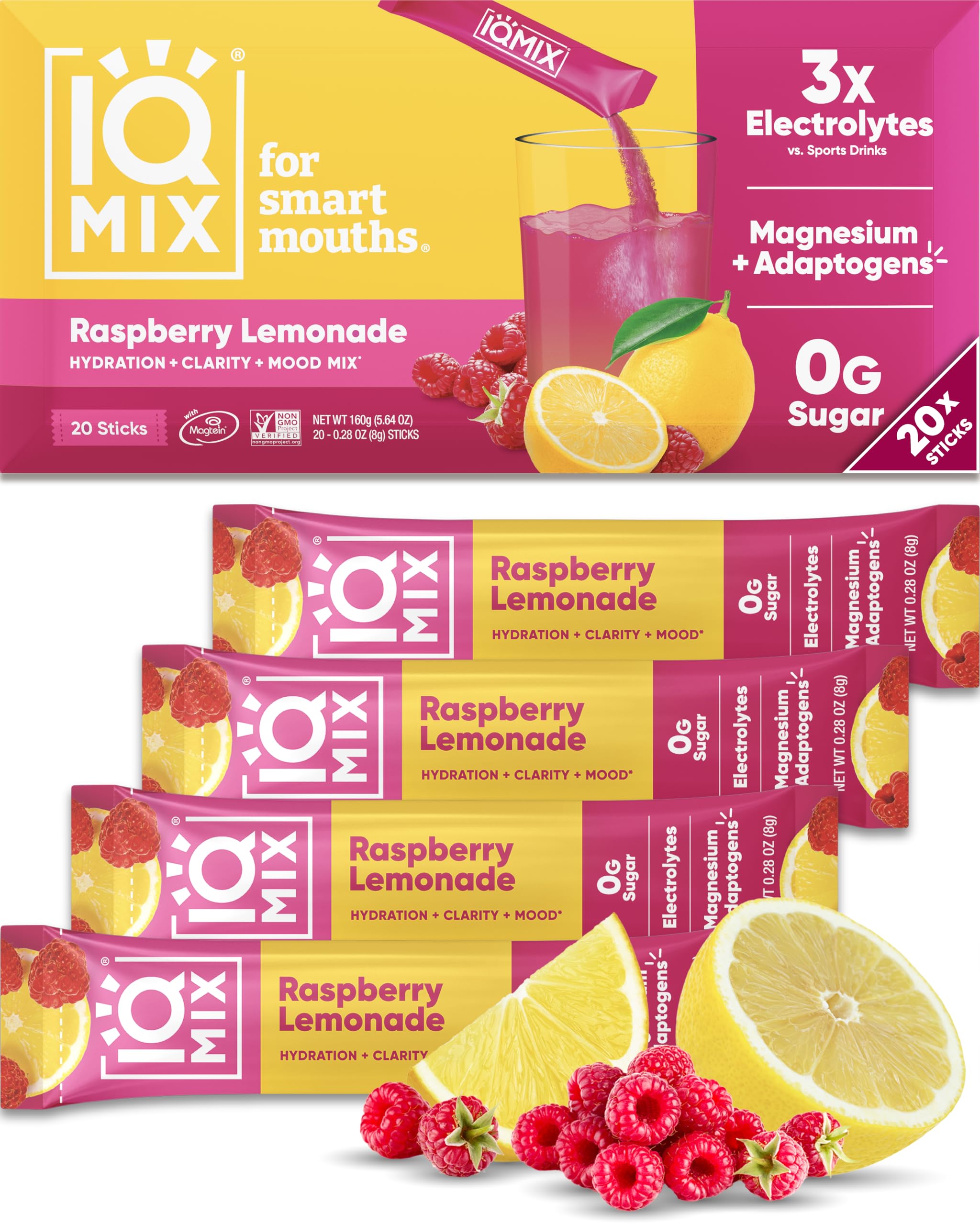 IQBAR caja IQMIX frambuesa limonada mostrando 20 sobres y beneficio hidratación rápida