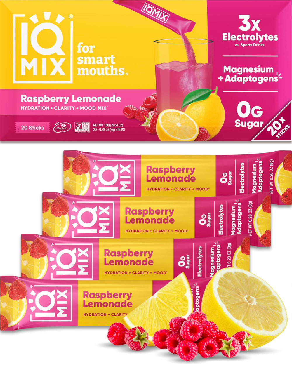 IQBAR caja IQMIX frambuesa limonada mostrando 20 sobres y beneficio hidratación rápida