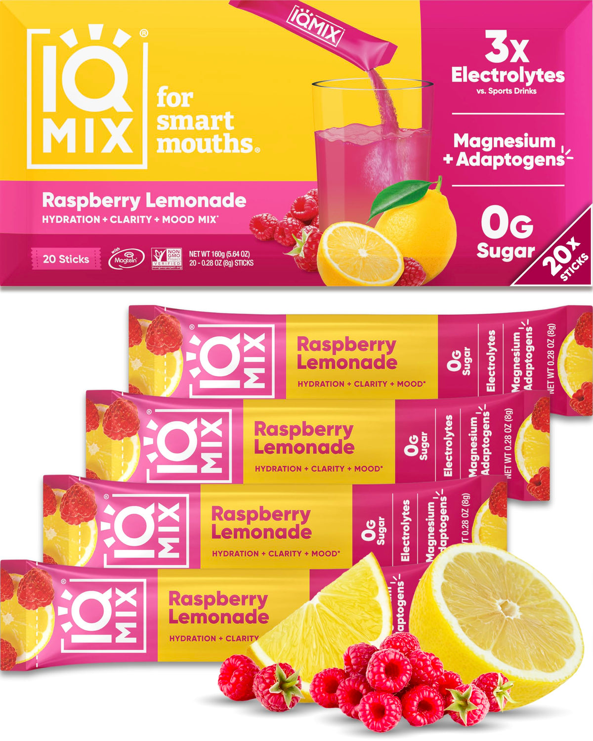 IQBAR caja IQMIX frambuesa limonada mostrando 20 sobres y beneficio hidratación rápida