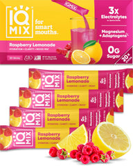 IQBAR caja IQMIX frambuesa limonada mostrando 20 sobres y beneficio hidratación rápida