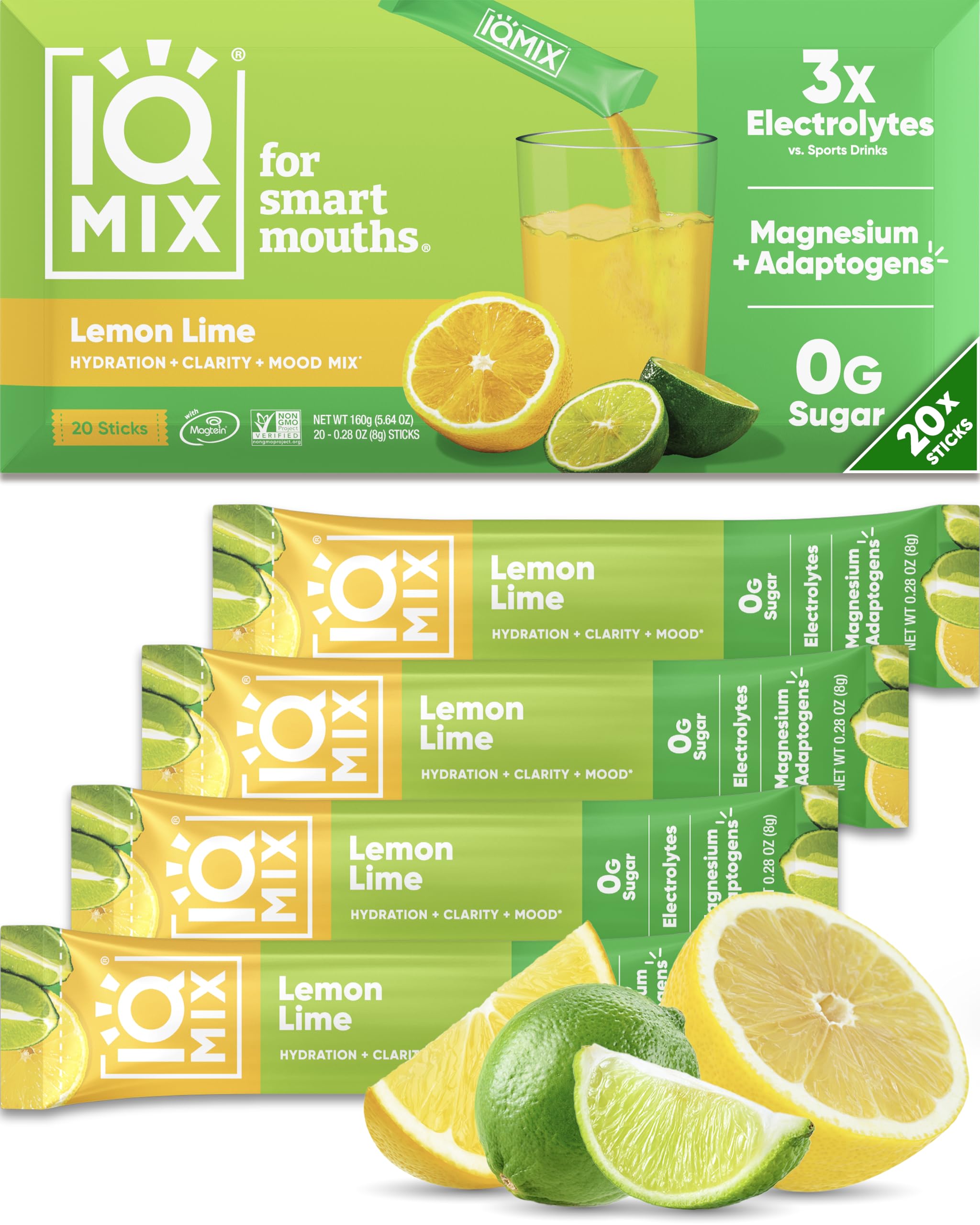 IQBAR empaque frontal IQMIX Lemon Lime con sobres listos para llevar