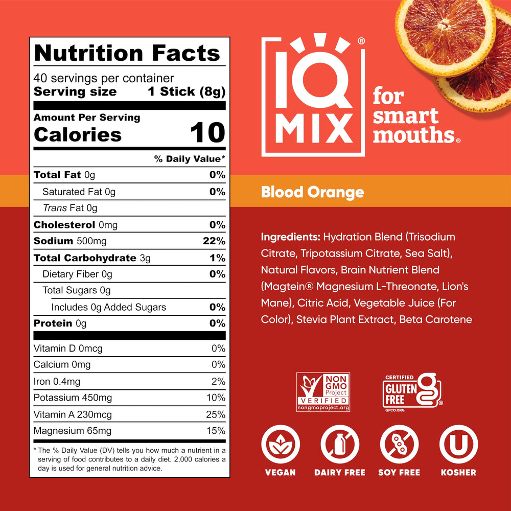 IQBAR disposición de 40 sobres IQMIX Blood Orange listos para llevar y usar