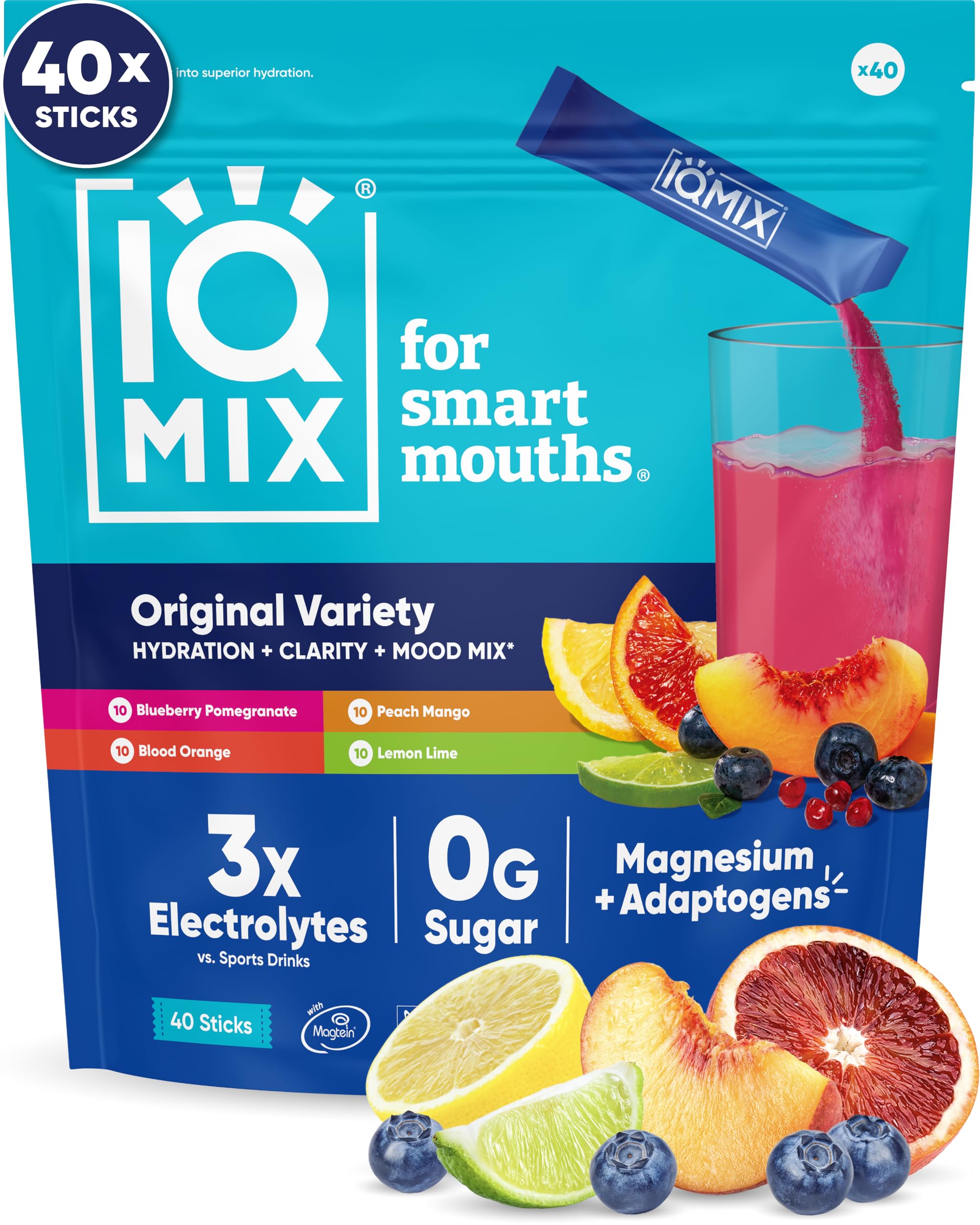 IQBAR pack frontal mostrando 40 sobres y beneficios de hidratación rápida