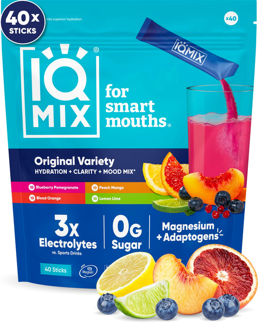 IQBAR pack frontal mostrando 40 sobres y beneficios de hidratación rápida