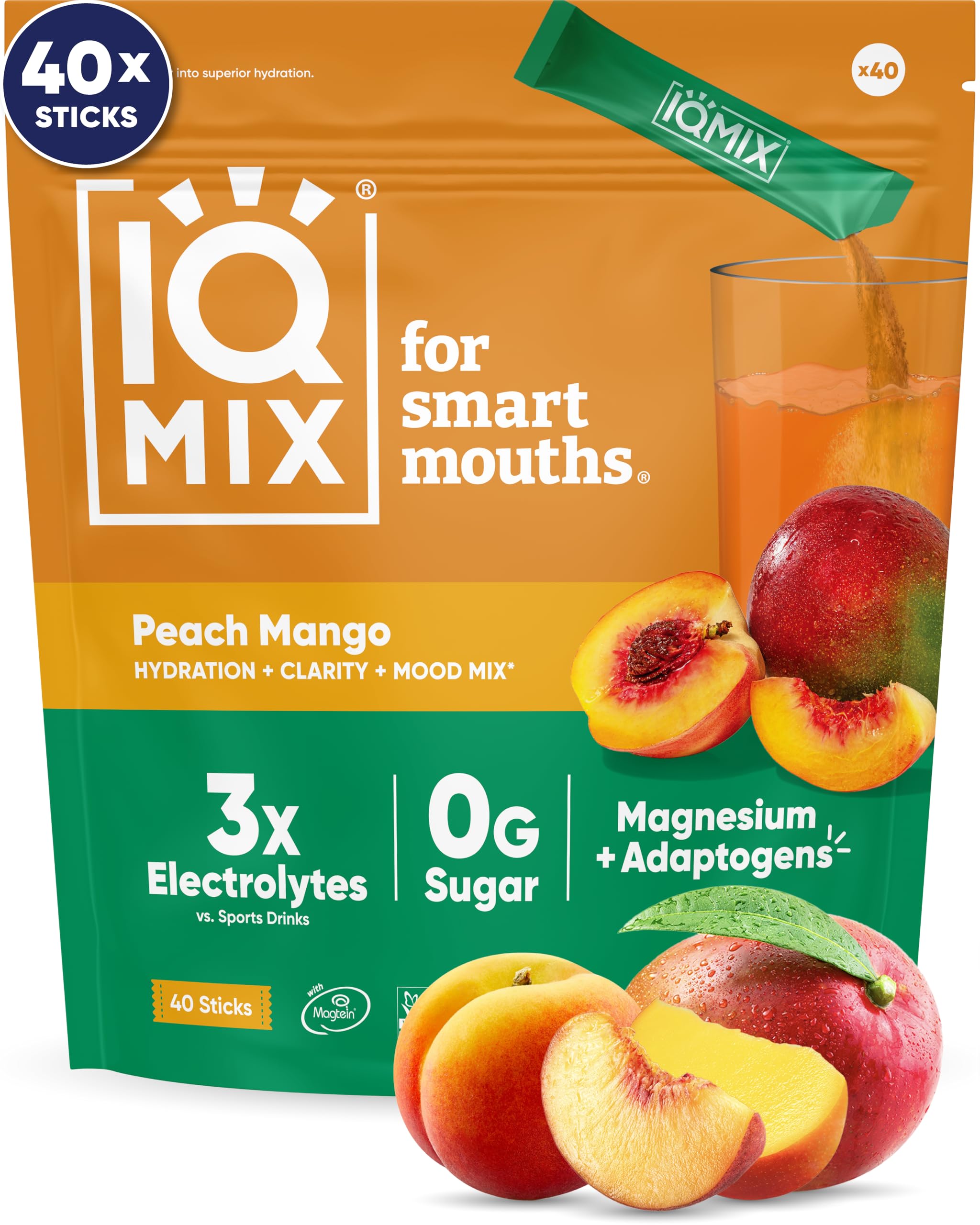 IQBAR IQMIX paquete frontal mostrando Peach Mango y beneficio de hidratación rápida