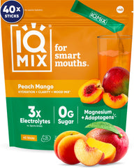 IQBAR IQMIX paquete frontal mostrando Peach Mango y beneficio de hidratación rápida