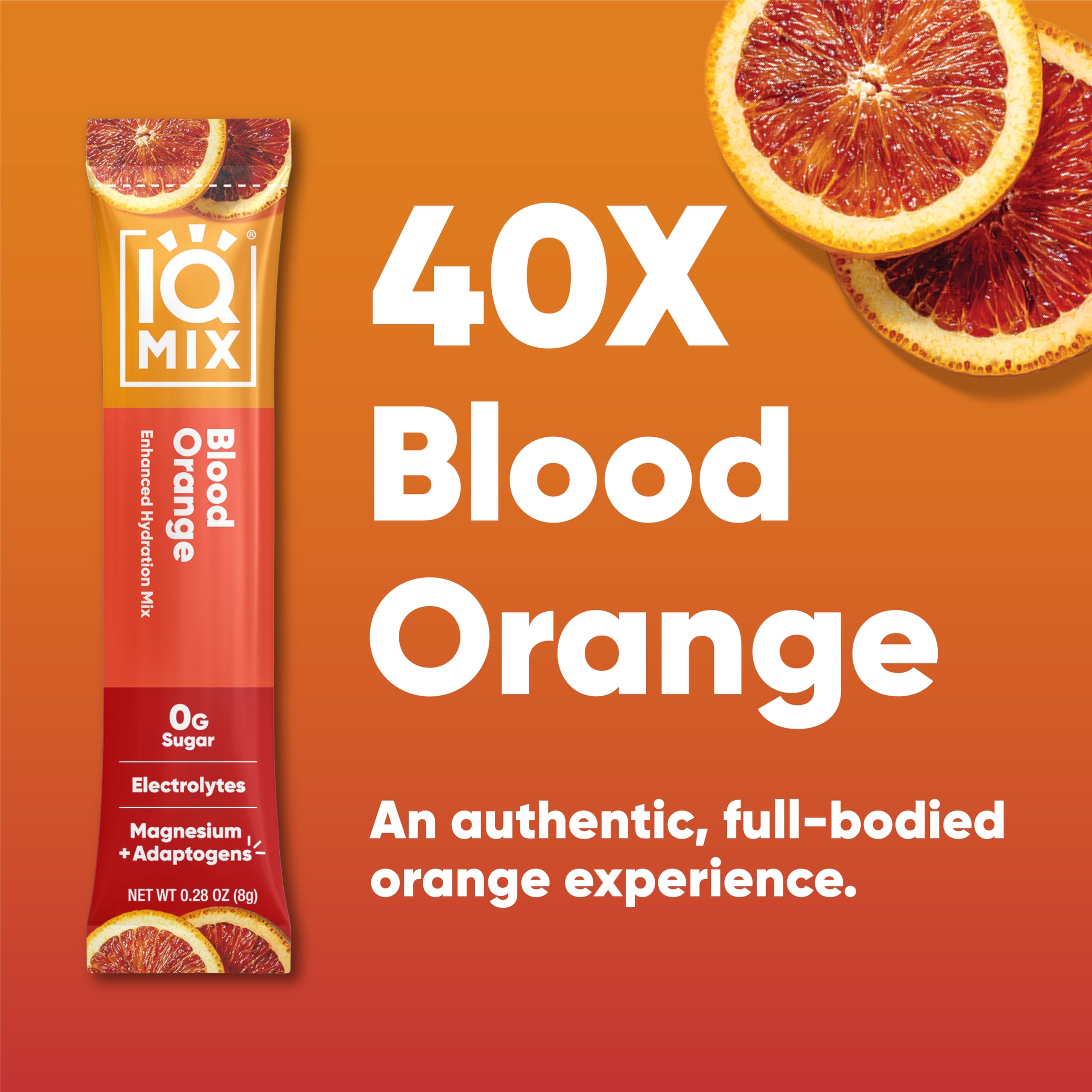 IQBAR vaso preparado IQMIX Blood Orange con hielo y rodajas de naranja refrescante