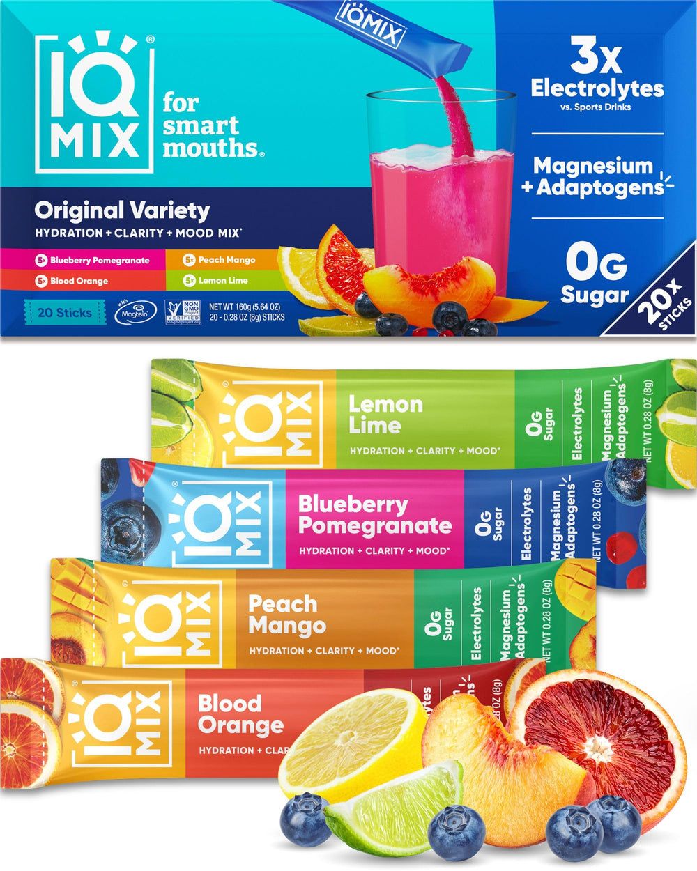 IQBAR IQMIX frente del empaque mostrando 20 sobres y variedad de sabores beneficio conveniencia
