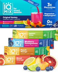 IQBAR IQMIX frente del empaque mostrando 20 sobres y variedad de sabores beneficio conveniencia