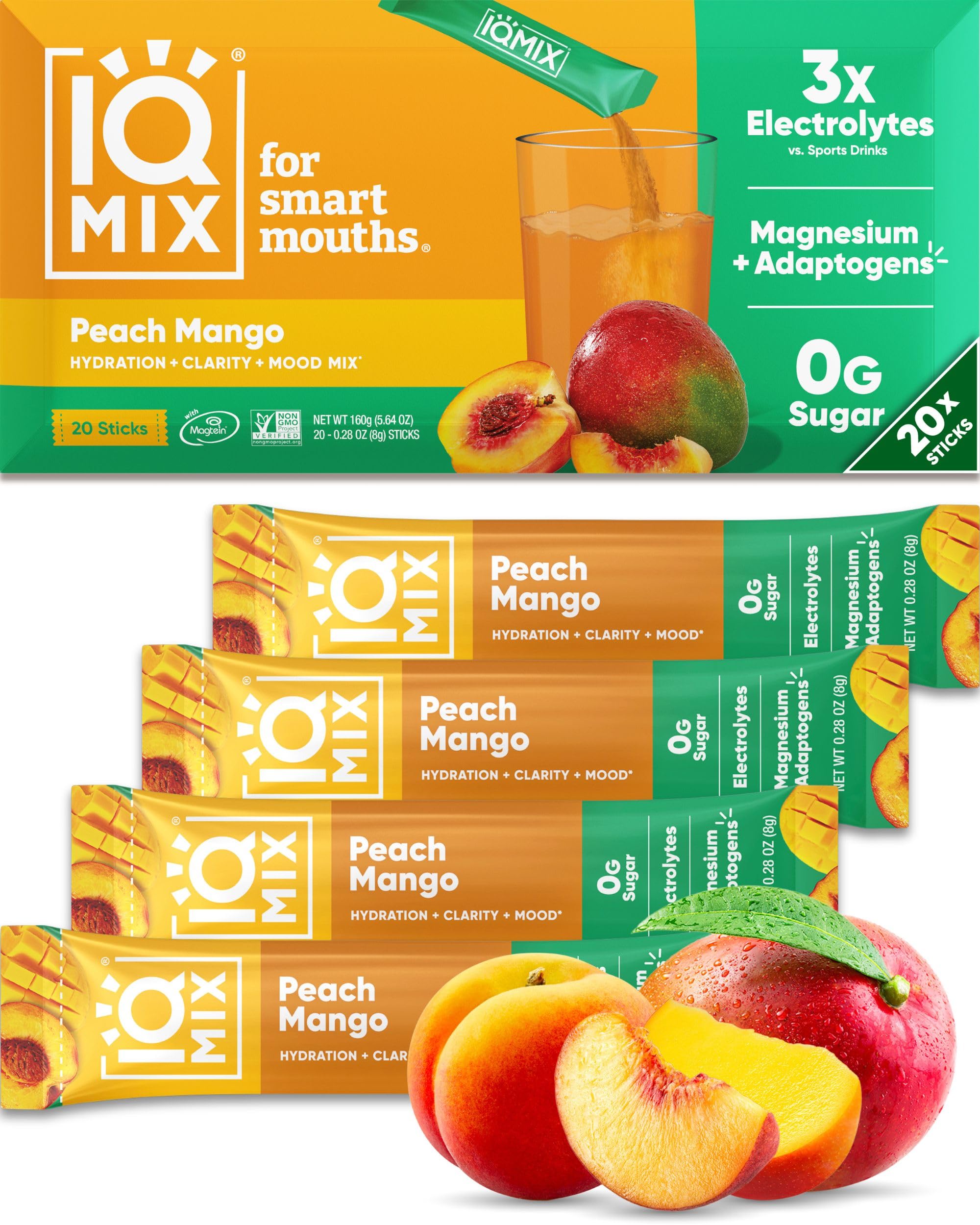 IQBAR IQMIX imagen frontal del empaque Peach Mango mostrando presentación de 20 sobres y beneficio práctico
