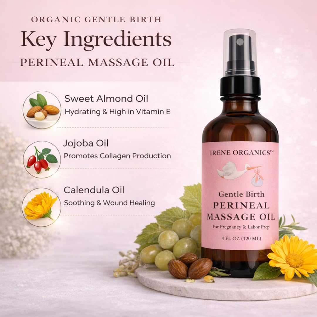 Irene Organics mujer embarazada aplicando masaje perineal para mayor elasticidad