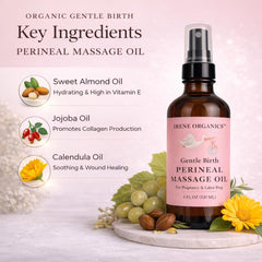 Irene Organics mujer embarazada aplicando masaje perineal para mayor elasticidad