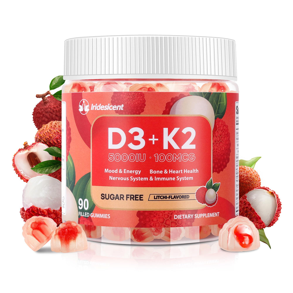 IRIDESICENT frontal del envase mostrando 90 gomitas y beneficios