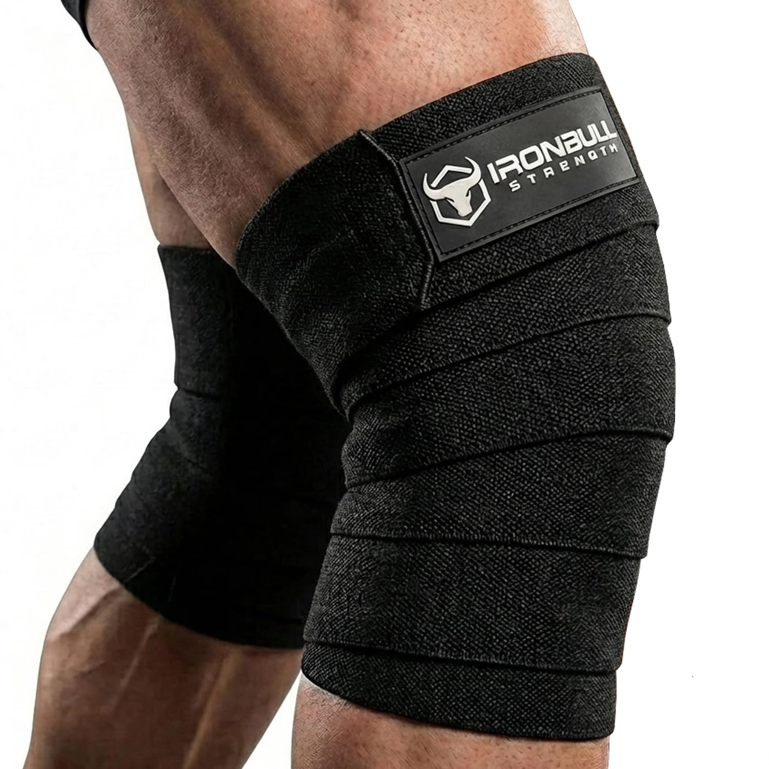 Iron Bull Strength vendajes de rodilla paquete frontal mostrando longitud y color, soporte inmediato