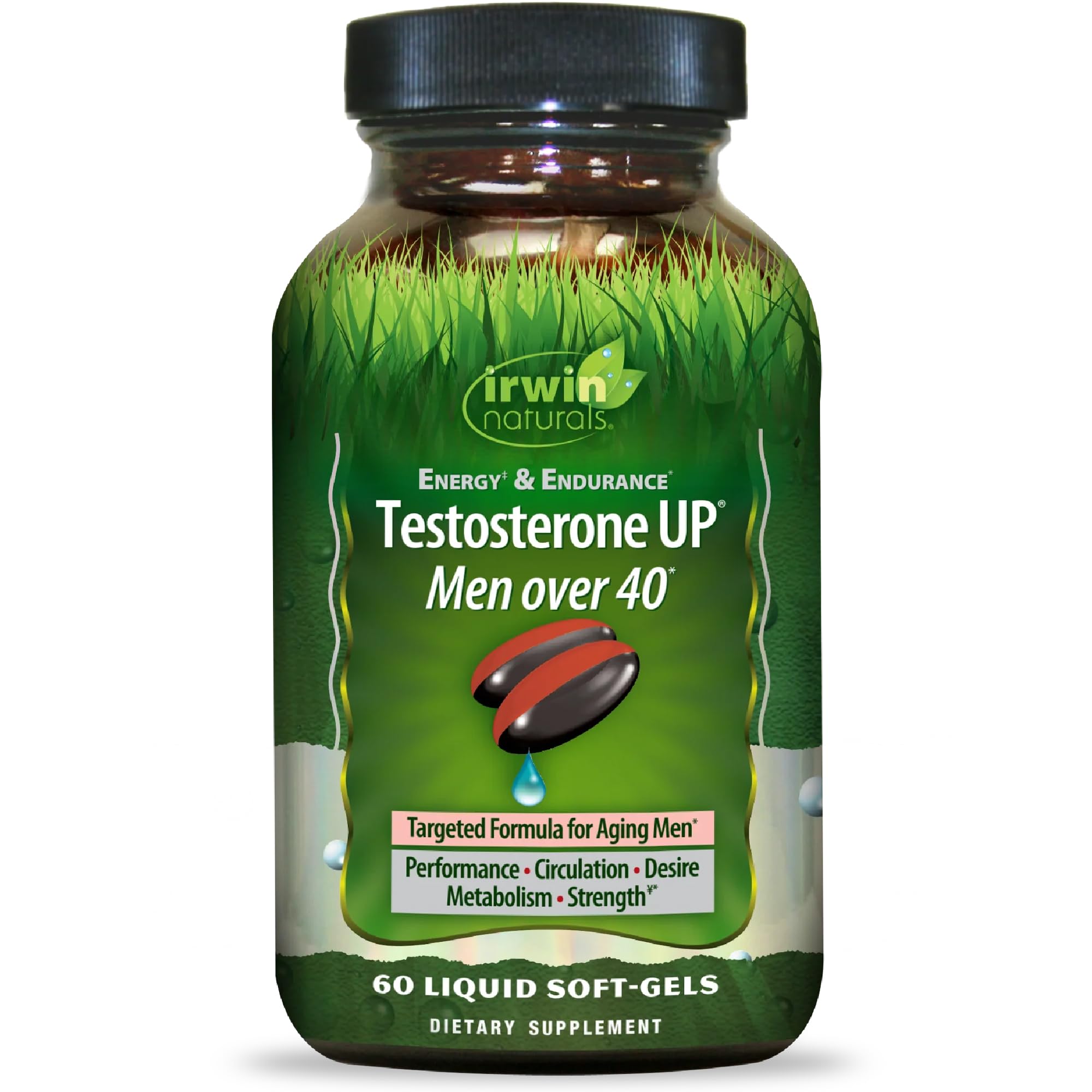 Irwin Naturals envase frontal de Testosterone UP mostrando diseño y beneficio energético
