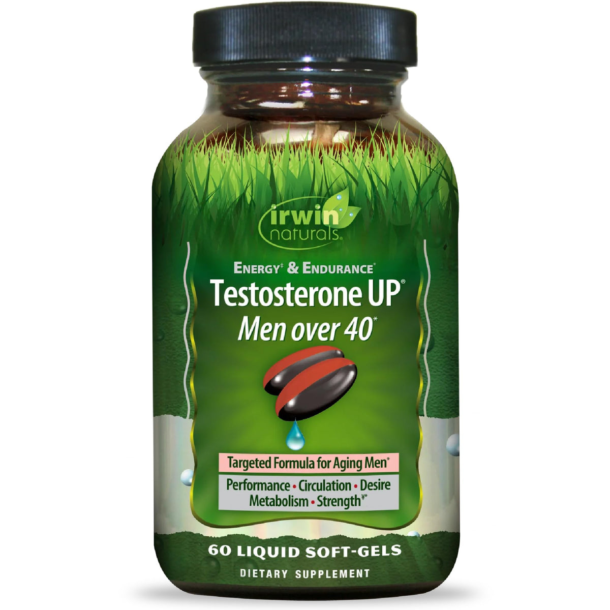 Irwin Naturals envase frontal de Testosterone UP mostrando diseño y beneficio energético