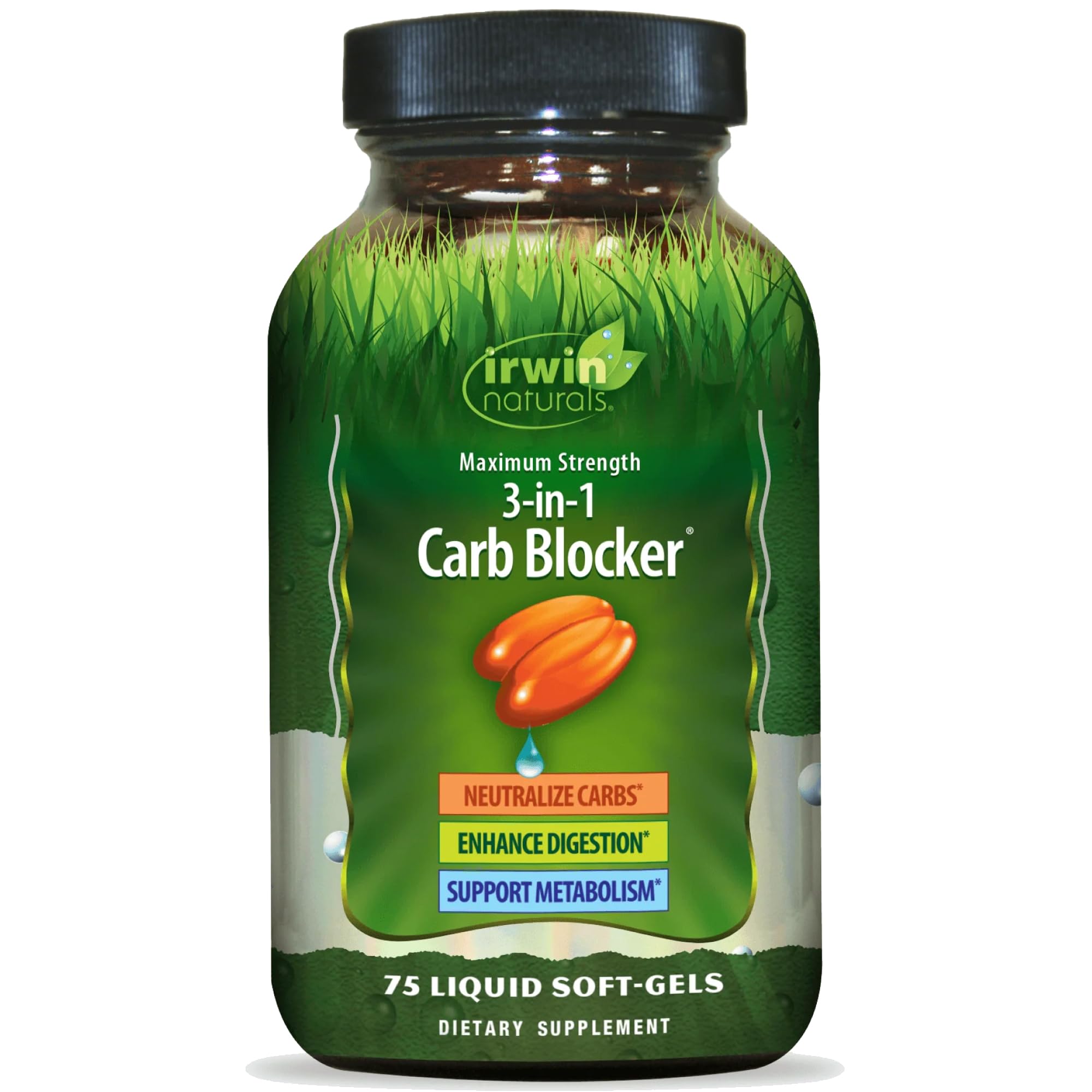 Irwin Naturals envase frontal que muestra la fórmula 3-in-1 para apoyo metabólico