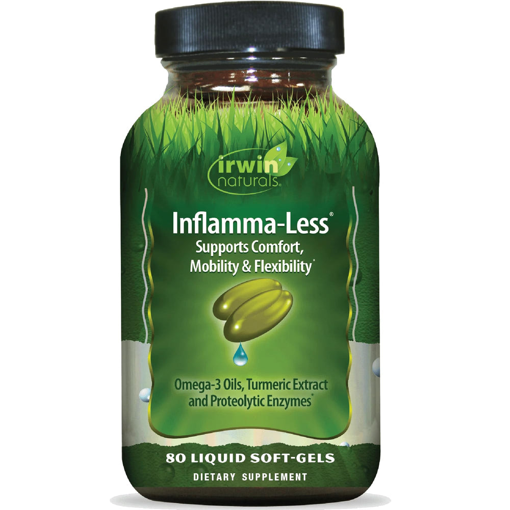 Irwin Naturals Inflamma-Less frente del frasco mostrando etiqueta clara y beneficios