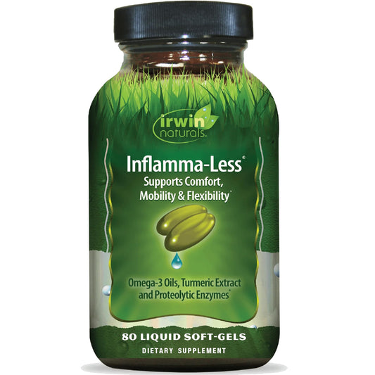 Irwin Naturals Inflamma-Less frente del frasco mostrando etiqueta clara y beneficios