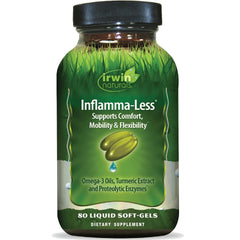 Irwin Naturals Inflamma-Less frente del frasco mostrando etiqueta clara y beneficios