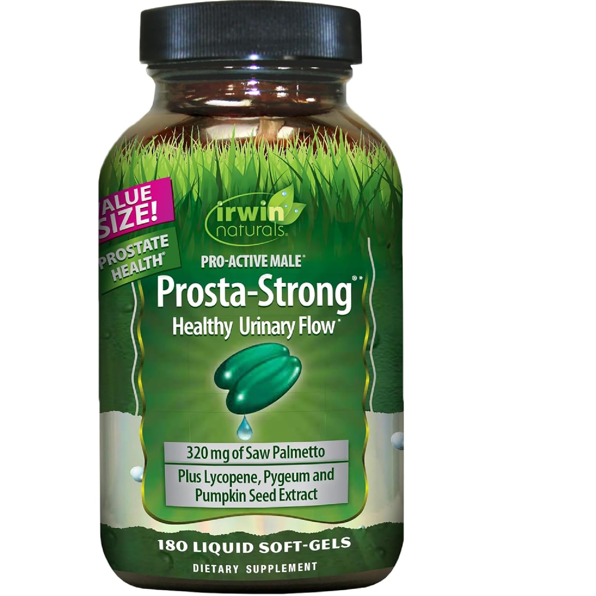 Irwin Naturals frasco frontal mostrando 180 softgels y beneficio prostático