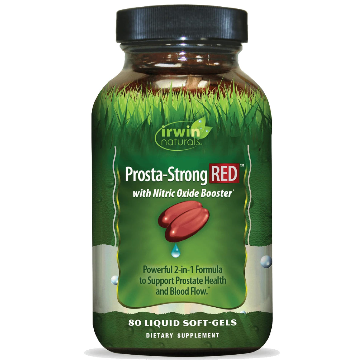Irwin Naturals frasco frontal mostrando producto y soporte prostático