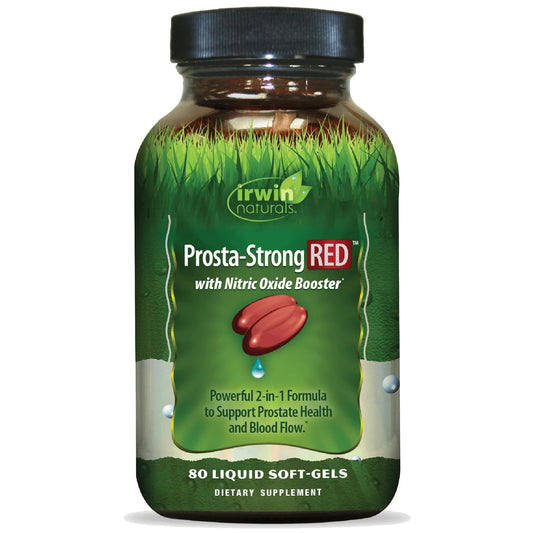 Irwin Naturals frasco frontal mostrando producto y soporte prostático