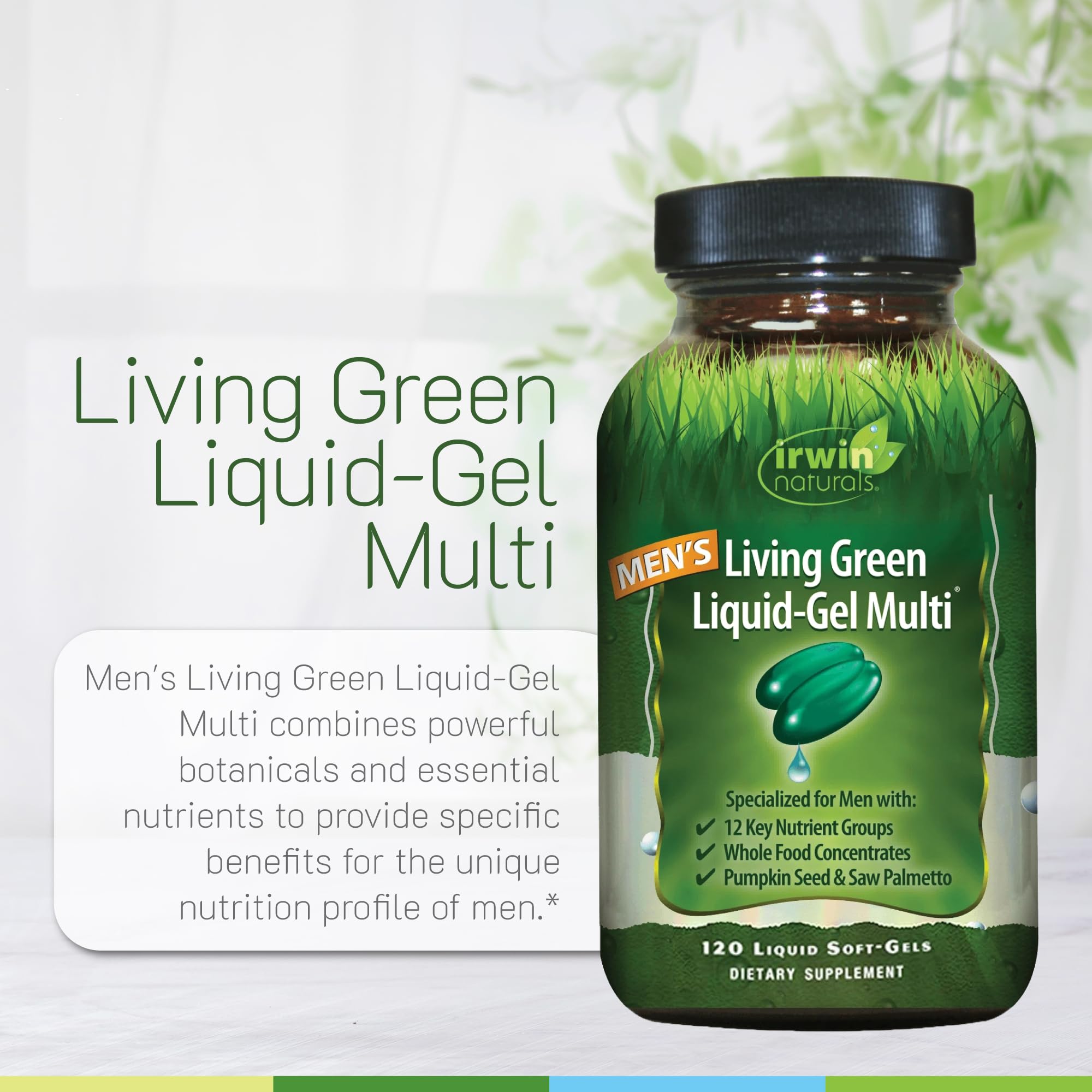 Irwin Naturals soft-gel en la mano ilustrando porción diaria y toma sencilla
