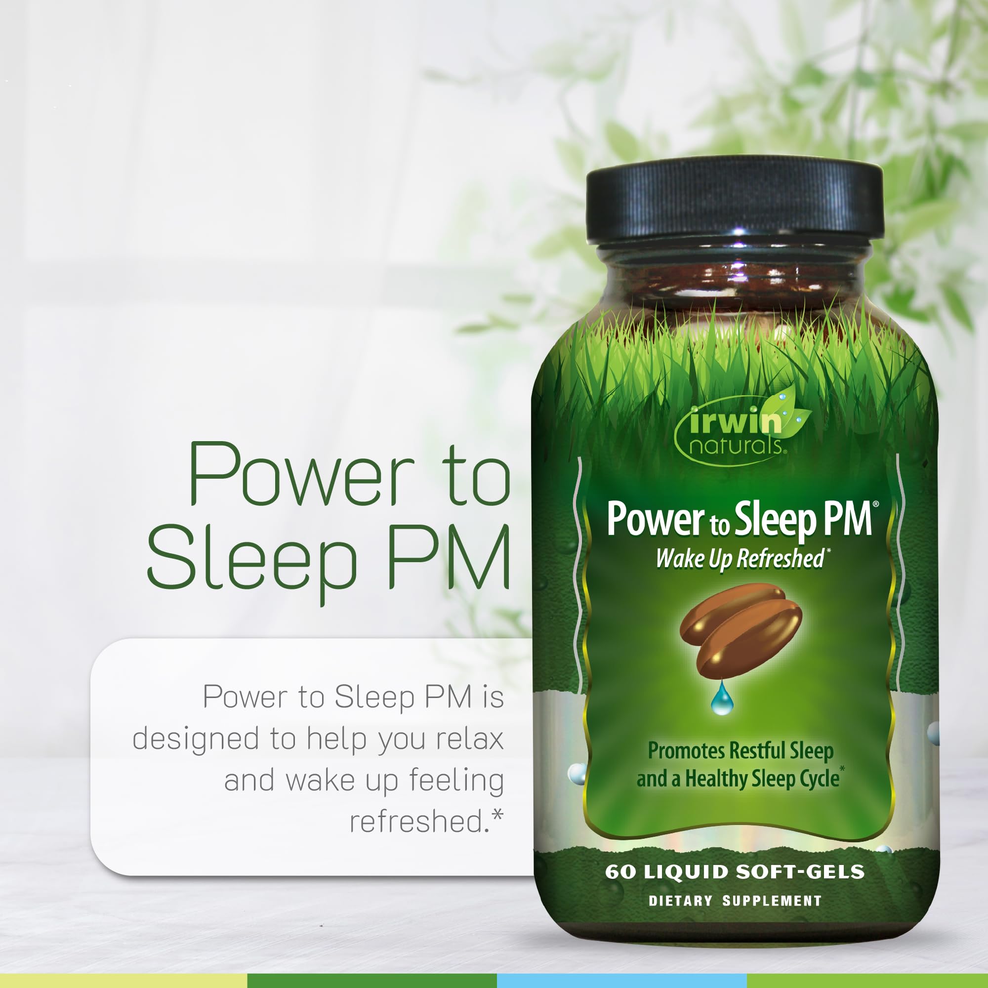 Irwin Naturals cápsula en mesita de noche sugiriendo uso nocturno